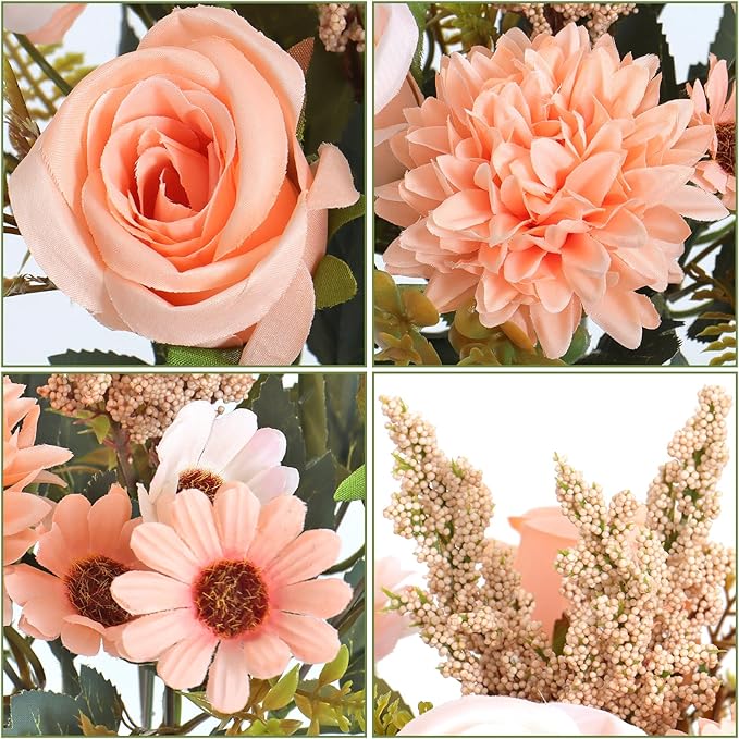Dremisland Artificial Flowers Like Real Artificial Bouquet 4 Packs Silk Artificial Roses Bouquet with Daisy Chrysanthemum Champagne Flowers for Centerpiece Table Wedding Party Home Decor