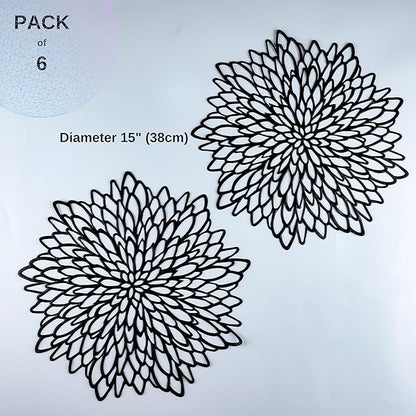 Snowkingdom 6 Pack Black Placemats Washable Pressed Vinyl Dining Table Mats Round Floral Charger Decoration for Halloween Christmas Thanksgiving