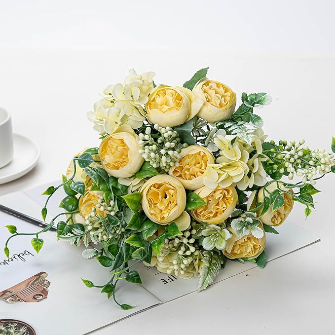 KAOYOO 4 PCS Artificial Peony Bouquet Short Stem for DIY Wedding Decoration Bridal Bouquet Home Decorations(Yellow 4-PCS)
