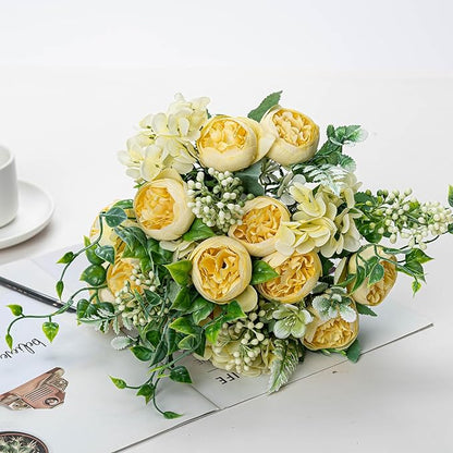 KAOYOO 2 PCS Artificial Peony Bouquet Short Stem for DIY Wedding Decoration Bridal Bouquet Home Decorations(Yellow 2-PCS)