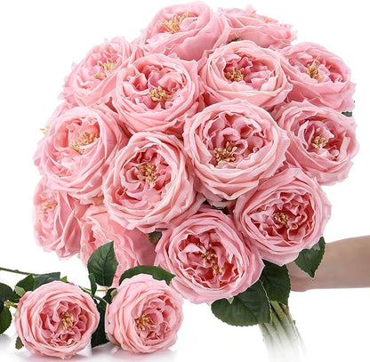 Giegxin 20 Pcs Real Touch Peonies Austin Roses Artificial Flowers, Faux Look Real Long Stems Fake Flower with Big Blooms for Christmas Valentines Wedding Party DIY Arrangement Home Decor(Pink)