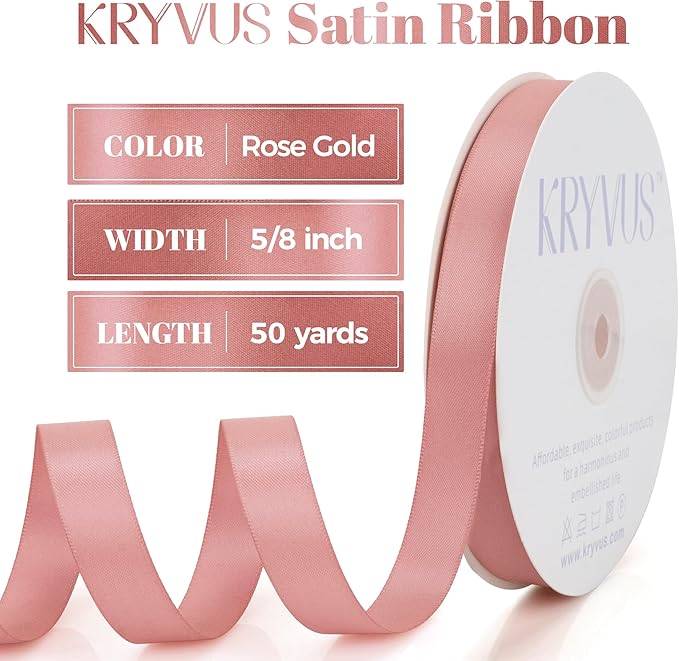 Rose Gold Satin Ribbon, Double Faced 5/8 Inch X 50 Yards Rose Gold Ribbon, Premium Satin Ribbon for Gift Wrapping, Crafts, Hair Bow Making, Sewing, Flower Bouquet, Wedding Party Decor