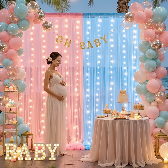 10ft x 8ft Pink Blue Tulle Photo Backdrop Curtain with Lights String for Gender Reveal Sheer Curtain Back Drop Baby Shower Backdrop for Boy or Girls Birthday Party Photo Booth Background Decorations