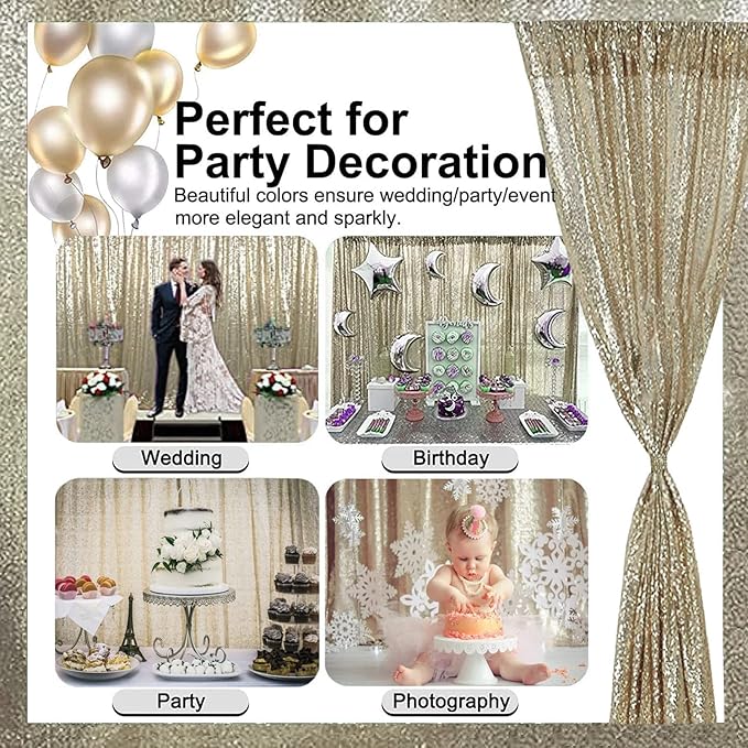Champagne Backdrop Curtain 4FTx8FT 2 Panels Champagne Gold Sequin Backdrop Curtain Glitter Backdrop Photo Background for Wedding Baby Shower Birthday