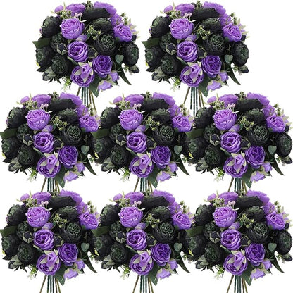 Geosar 8 Bundles Artificial Peonies Flowers Fake Silk Peony Bouquet Faux Peonies Flowers Bulk for Decoration Vase Floral Arrangements Wedding Party Table (Black,Purple)