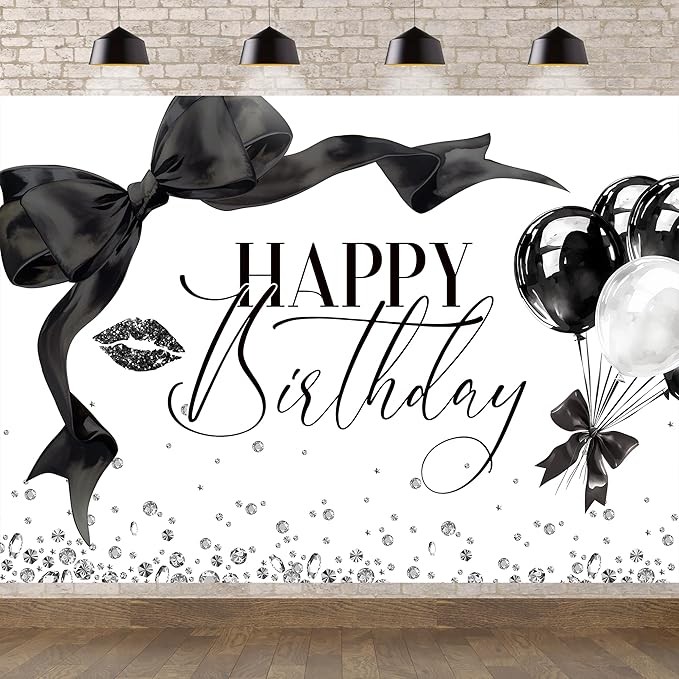 Black Bow Happy Birthday Banner Backdrop 5Wx3H Photography Girls Coquette Birthday Decorations Black White Bowknot Balloons Background Women Party Decorations Photo Booth Props Supplies
