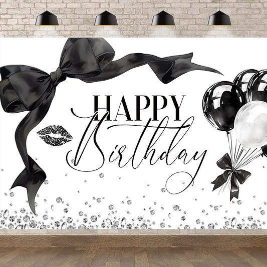 Black Bow Happy Birthday Banner Backdrop 5Wx3H Photography Girls Coquette Birthday Decorations Black White Bowknot Balloons Background Women Party Decorations Photo Booth Props Supplies
