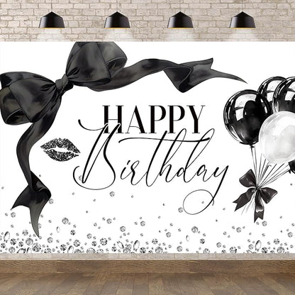 Black Bow Happy Birthday Banner Backdrop 8Wx6H Photography Girls Coquette Birthday Decorations Black White Bowknot Balloons Background Women Party Decorations Photo Booth Props Supplies
