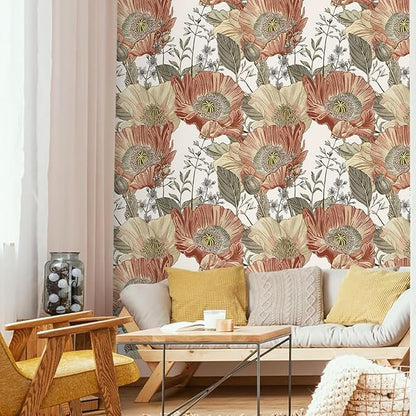 Livebor Floral Wallpaper Peel and Stick Boho Large Floral Peel and Stick Wallpaper Vintage Multicolor Flower Contact Paper 17.7'' x 196.8'' Self Adhesive Wall Paper for Bathroom Wall Covering Decor
