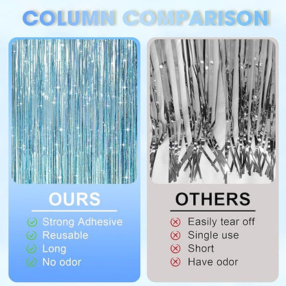 2 Pack Laser Light Blue Foil Fringe Curtains, Tinsel Streamers Birthday Party Decorations, Fringe Backdrop for Kids Birthday, Sea, Blue Theme Party