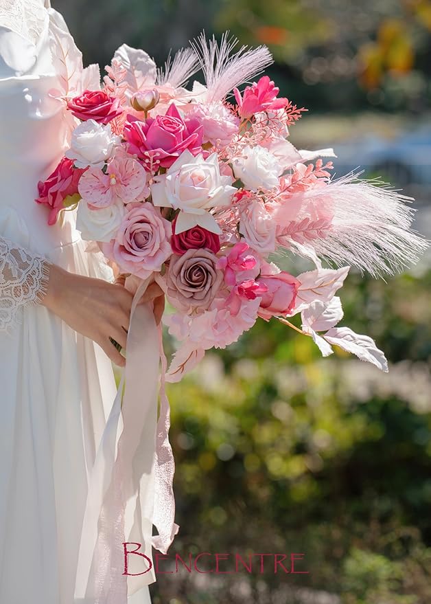 Hot Pink Bridal Bouquets for Bride,14 Inch Wedding Bouquets, for Wedding Ceremony, Anniversary, Party and French Rustic Vintage Wedding,Artificial Flowers