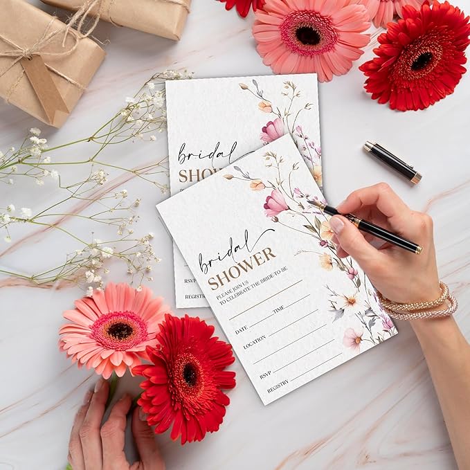 Boho Bridal Shower Invitations, Spring Floral Invites with Envelopes, 4x6 Set of 25 Invite Card for Wedding Shower, Newlyweds, Party Favor & Decorations-A03