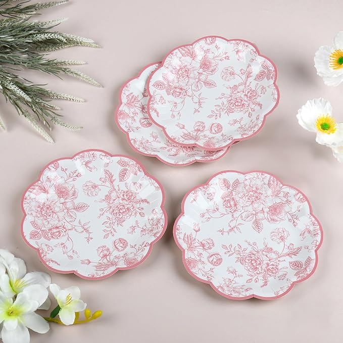 Pink Floral Party Plates Vintage Floral Leaf Disposable Paper Plates Wildflower Pink Toile 7" Scalloped Rim Dessert Plates for Valentines Birthday Bridal Tea Party Supplies (48)
