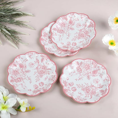 Pink Floral Party Plates Vintage Floral Leaf Disposable Paper Plates Wildflower Pink Toile 7" Scalloped Rim Dessert Plates for Valentines Birthday Bridal Tea Party Supplies (24)