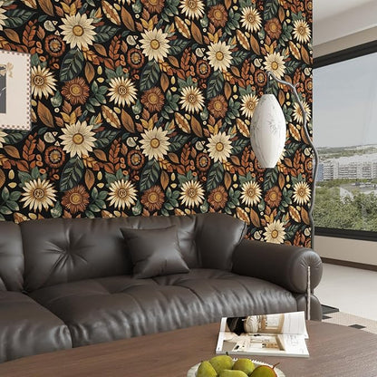 Boho Wallpaper Peel and Stick,Vintage Black Brown/Green Floral Contact Paper 17.5" x 118", Retro Flower Botanical Wall Paper Self Adhesive Removable Waterproof for Walls Shelves Cabinet Table Decor