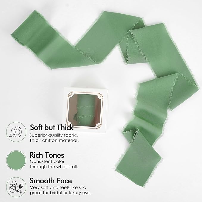 MEEDEE Sage Chiffon Ribbon 3 Inch Green Frayed Ribbons Sage Green Chiffon Silk Light Green Ribbon Wide Chiffon Ribbons for Crafts, Flower Bouquet, Wedding Favors Wrapping (2 Rolls 10 Yards)