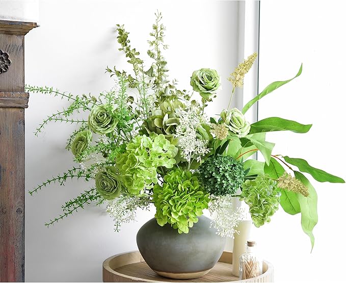 FiveSeasonStuff Elegant Green Artificial Bouquet – Hydrangea, Roses, Camellia, Baby's Breath & More for Home Décor, Weddings, Centerpieces, and Events