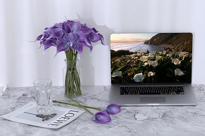 SITUMEIZI 24 PCS Purple Fake Flowers Artificial Calla Lily Silk Flowers Real Touch for Mother's Day Easter Home Kitchen Decor Wedding Bouquet Office Spring Decoration