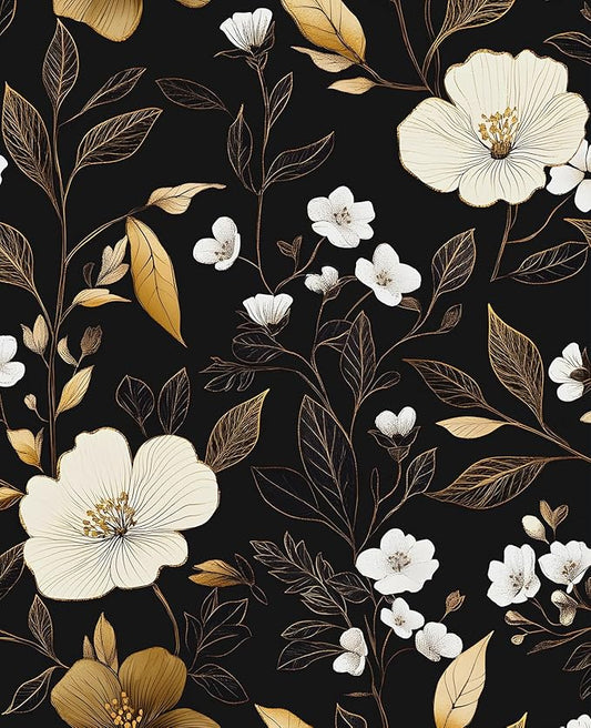 Black Gold Floral Wallpaper Peel and Stick 17.4" X 118" Golden Leaf Small Flower Contact Paper Floral Pattern Removable Self Adhesive Covering for Bedroom Cabinet Bathroom Home Decor Black Dark