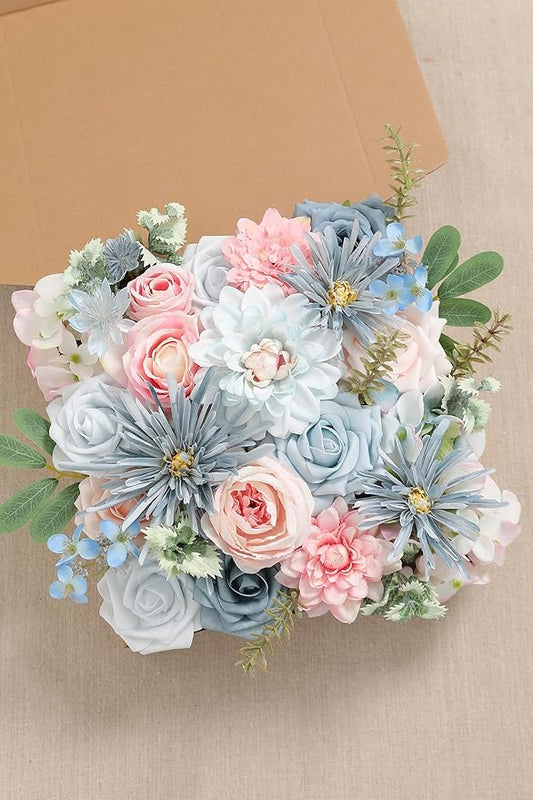 Blue Pink Artificial Flowers Set - Fake Roses, Peonies, Silk Flowers with Stems for DIY Wedding Bouquets,Floral Arrangement,Table Centerpieces,Baby Shower, Home Decor
