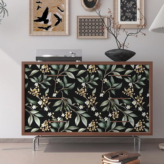 Dark Peel and Stick Wallpaper Vintage – Dark Green Leaf Removable Self-Adhesive Vinyl for Bathroom Bedroom Kitchen Drawer Cabinet, Black Green Gold Floral Wall Decor Retro Style 17.5" x 118"