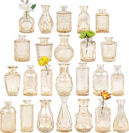 Glass Bud Vase Set of 24, Small Amber Flower Vases for Centerpieces in Bulk, Mini Vintage Vase for Wedding Decor, and Home Table Décor