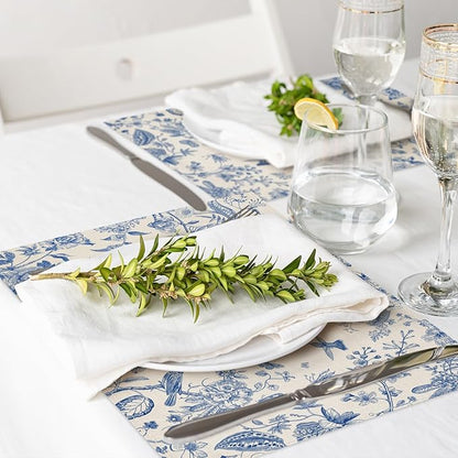 6Pcs Blue White Floral Placemats Flower Birds Branches Table Place Mats 12 x 18 in Vintage Non-Slip Heat Resistant Kitchen Dinner Mat for Home Dining Table Decoration