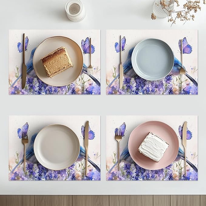 Lavender Birds Placemats Set of 6 Washable Table Mats Spring Floral Flower Heat-Resistant Cotton Linen Place Mats for Dining Table Kitchen Indoor Outdoor Party Holiday Decor