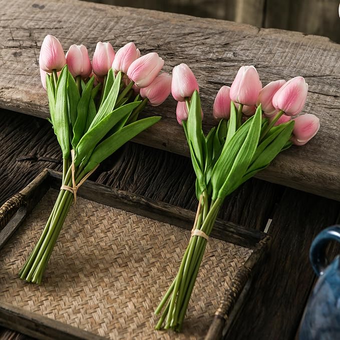 20pcs Pink and White Artificial Tulip Flowers, Silk Fake Flowers 13" for Mother's Day, Easter, Valentine’s Day Gifts in Bulk, Home, Kitchen, Wedding Decorations