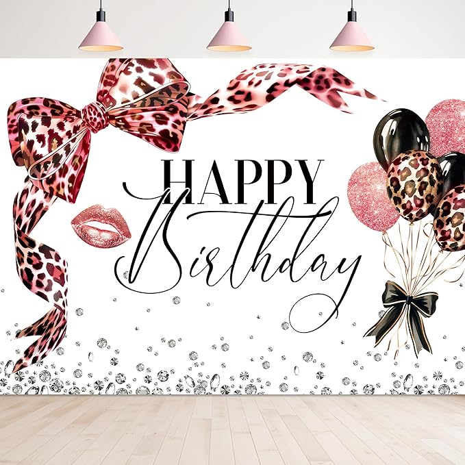 Pink Leoprad Bow Backdrop 7Wx5H Photography Happy Birthday Girls Lips Dimonds Black Brown Bowknot Balloons Background Fashion Elegant Bday Party Decorations Banner Photo Booth Props Supplies