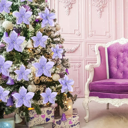 Boao 24 Pieces Christmas Artificial Glitter Poinsettia Flowers Xmas Flowers Wedding Christmas Tree New Year Ornaments(Purple)