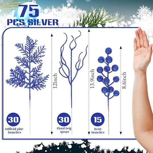 75 Pcs Christmas Glitter Branches 3 Styles Artificial Christmas Picks Berries Stems Pine Needles Floral Twig Spray for Xmas Tree Ornaments DIY Wreath Garland(Blue)