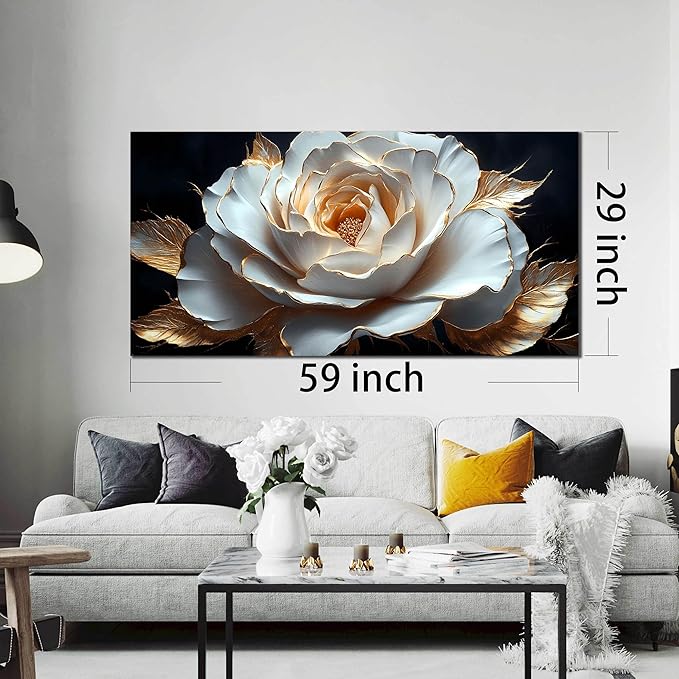Large White Flower Canvas Wall Art for Living Room Bedroom Home Office Black and White Flower Picture Modern Canvas Prints Framed Wall Decor Artwork Size 29x59