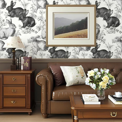 Floral Peel and Stick Vintage Animal Wallpaper Rabbit Removable Botanical Leaf Sketch 17.7" x 236.22" Wall Paper Self Adhesive Contact Paper for Classroom Bedroom Laundry Room Bathroom