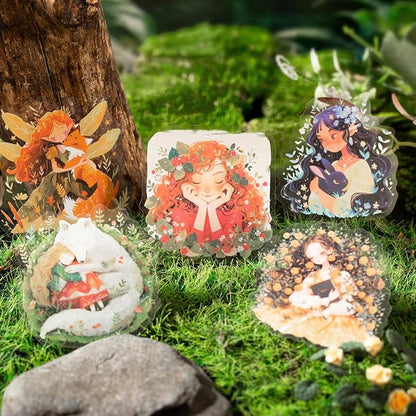 TIAMECH Healing Forest PET Stickers - 72 Pcs Strawberry Girl & Fantasy Flower Fox Wolf Design, Waterproof Sticker for Journaling & Scrapbooking, Junk Journal Supplies, Ephemera & DIY Crafts