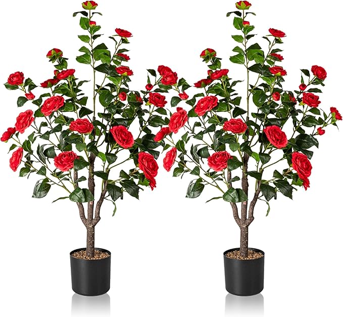 Artificial Camellia Tree,2Pack 3.6FT Faux Red Camellia Plants in Pots,Lifelike Artificial Flower Trees for Indoor Outdoor Home Decor,Realistic Blooming Faux Plants for Living Room Porch Patio Office