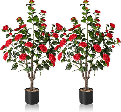 Artificial Camellia Tree,2Pack 3.6FT Faux Red Camellia Plants in Pots,Lifelike Artificial Flower Trees for Indoor Outdoor Home Decor,Realistic Blooming Faux Plants for Living Room Porch Patio Office