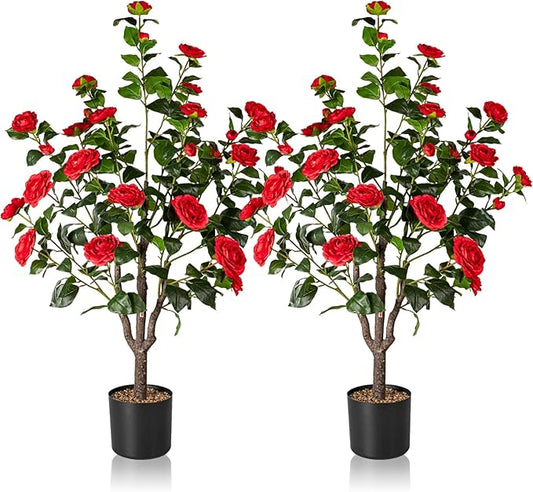 Artificial Camellia Tree,2Pack 3.6FT Faux Red Camellia Plants in Pots,Lifelike Artificial Flower Trees for Indoor Outdoor Home Decor,Realistic Blooming Faux Plants for Living Room Porch Patio Office