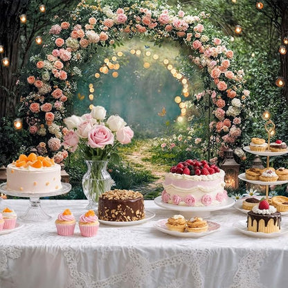 10x8ft Enchanted Forest Wedding Photography Backdrop Wonderland Roses Fairy Tale Backdrop Pink Flower Birthday Newborn Baby Shower Wedding Bridal Party Banner Photo Booth Props Anniversary Background