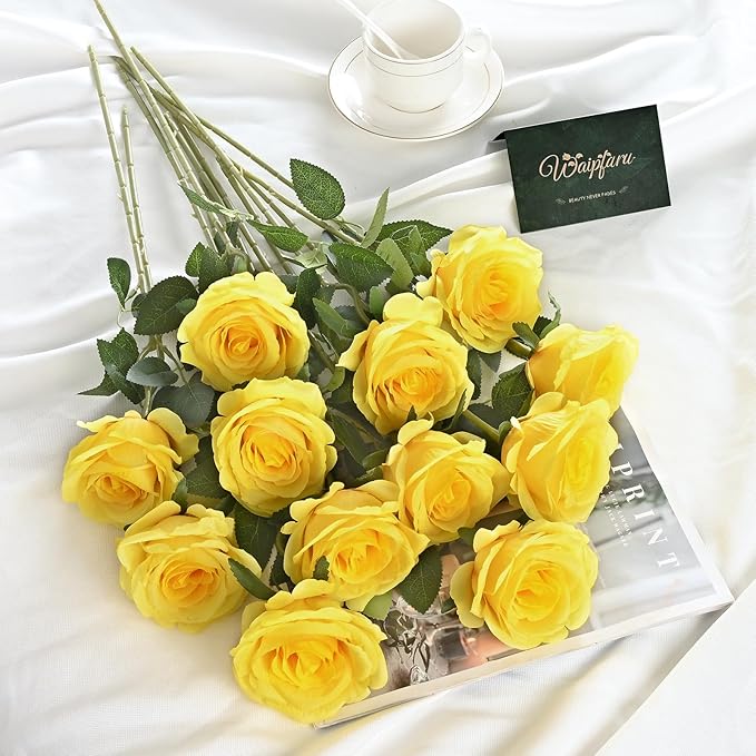 Waipfaru 16 Pcs Mothers Day Fake Roses, Silk Yellow Roses Artificial Flowers with Long Stems for Valentines Day Wedding Bouquet Vase, Cemetery Flowers for Grave (Yellow)