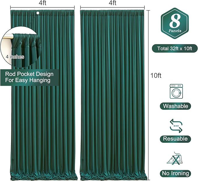Hunter Green Backdrop Curtain-Wrinkle-Free Polyester Fabric Green Photography Curtains for Wedding Party Photo Background Decorations- 32 X10FT (Hunter Green)