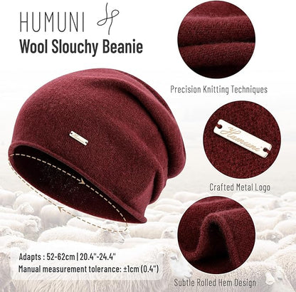 100% Wool Slouchy Beanie, Warm Beanie Hats for Women Breathable Knitting Skull Beanies Cap for Spring Fall Winter