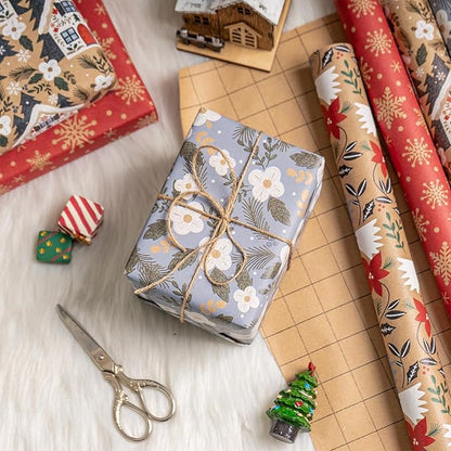 RUSPEPA Christmas Wrapping Paper, Kraft Paper - Dove, Snowflake, Flower, and House - 4 Rolls - 30 inches x 10 feet per Roll