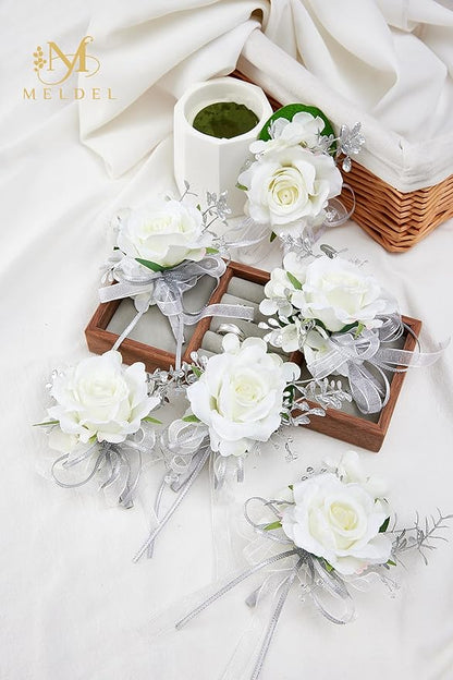 Meldel White Boutonniere for Men, Set of 6, Groom Groomsman Boutonnieres for Wedding, Suit Flower Silver Rose Corsage for Prom Graduation Ceremony Engagement Anniversary
