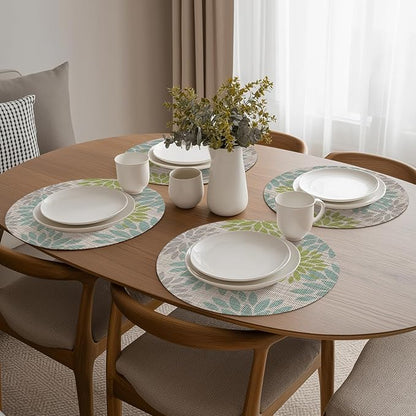 Artoid Mode Light Green Dahlia Plastic Round Placemats Set of 4, 14 Inch Seasonal Wipeable Woven Vinyl Table Mats for Farmhouse Party Kitchen Dining Decor