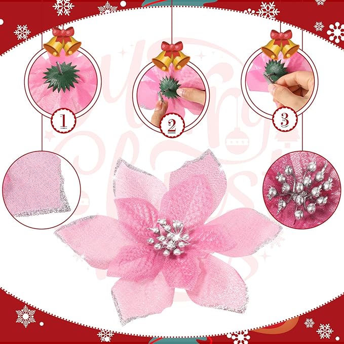 WILLBOND 24 Pcs 3 Size Poinsettia Flower Artificial Christmas Decor Glitter Poinsettia Christmas Ornaments Faux Flowers for Xmas Tree Outdoor(4/6/7.9 Inches,Pink)