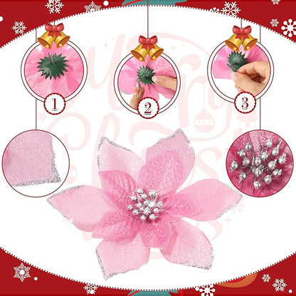 WILLBOND 24 Pcs 3 Size Poinsettia Flower Artificial Christmas Decor Glitter Poinsettia Christmas Ornaments Faux Flowers for Xmas Tree Outdoor(4/6/7.9 Inches,Pink)