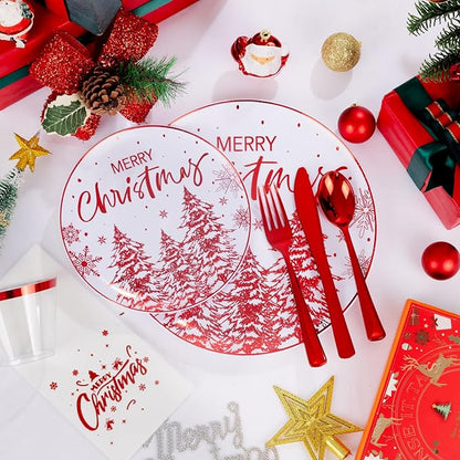 Rubtlamp 175 Pcs Christmas Plastic Plates And Napkins, Christmas Plates Disposable, White And Red Plastic Dinnerware Include 25Dessert Platos, 25Dinner Platos, 75 plastic cultery, 25Cups, 25Napkins