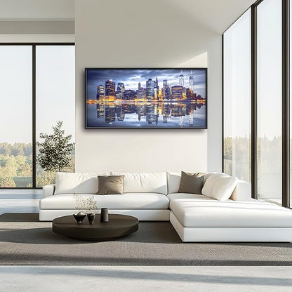 New York City Large Wall Art Framed Wall Decor for Living Room, Manhattan Skyline at Night Pictures Oversized Canvas Print Painting Modern Extra Large Framed Artwork for Bedroom Office 60"x30"