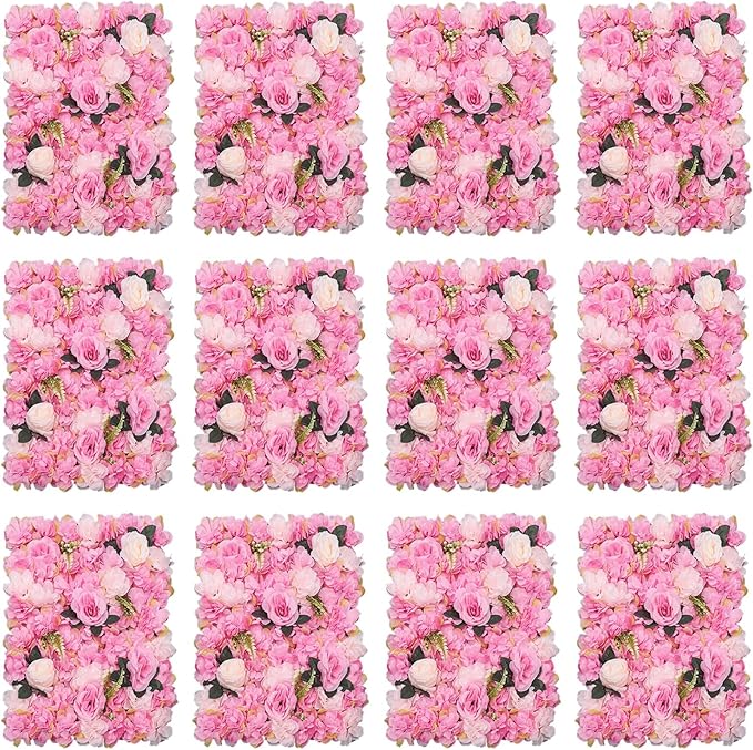 12 Pcs Flower Wall Panel Artificial Flower Backdrop 3D Silk Rose Floral Wall Decorative Faux Flower Wall Background Home Decoration